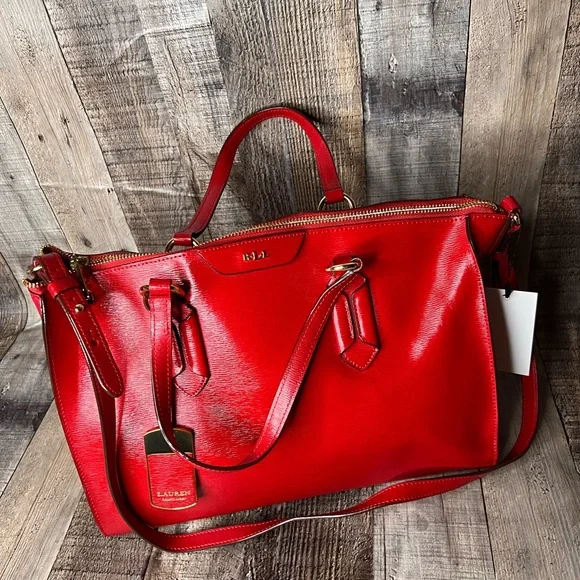 RLL Ralph Lauren Red Leather tote shoulder Handbag - Picture 9 of 15